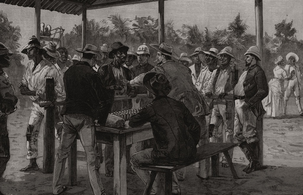 Paying labourers on their arrival at Tabernilla. The Panama ship canal, 1888