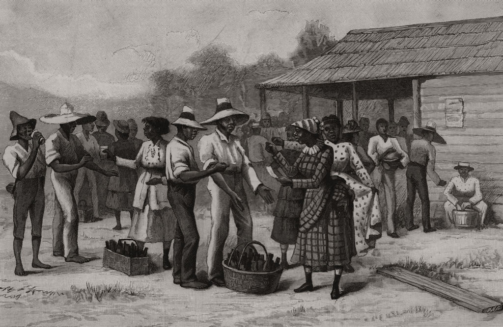 Labourers & tally-women disputing the payment of wages. Panama canal 1888