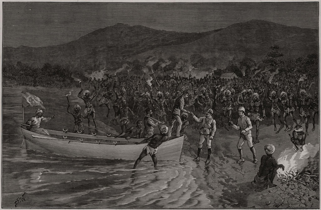Emin Pasha & Captain Casati landing at Were, on Lake Albert Nyanza. Africa 1890
