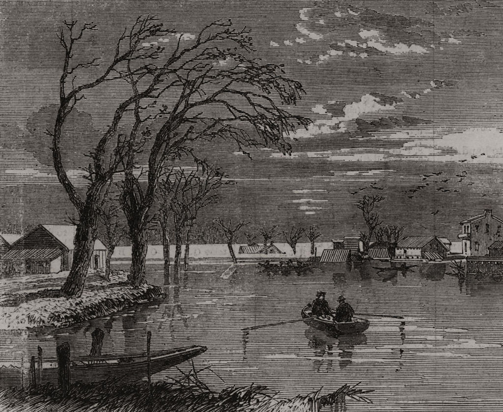 Sacramento floods, California: Sixth-Street, Sacramento City, old print, 1862