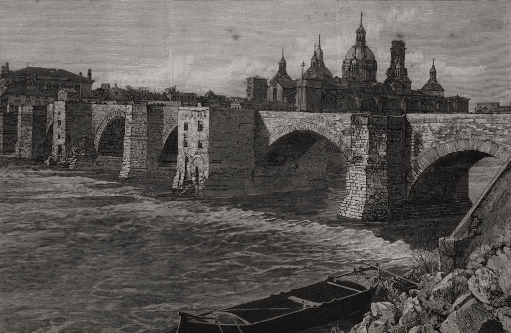 Associate Product The destructive floods in Spain: The stone bridge at Zaragoza, old print, 1891