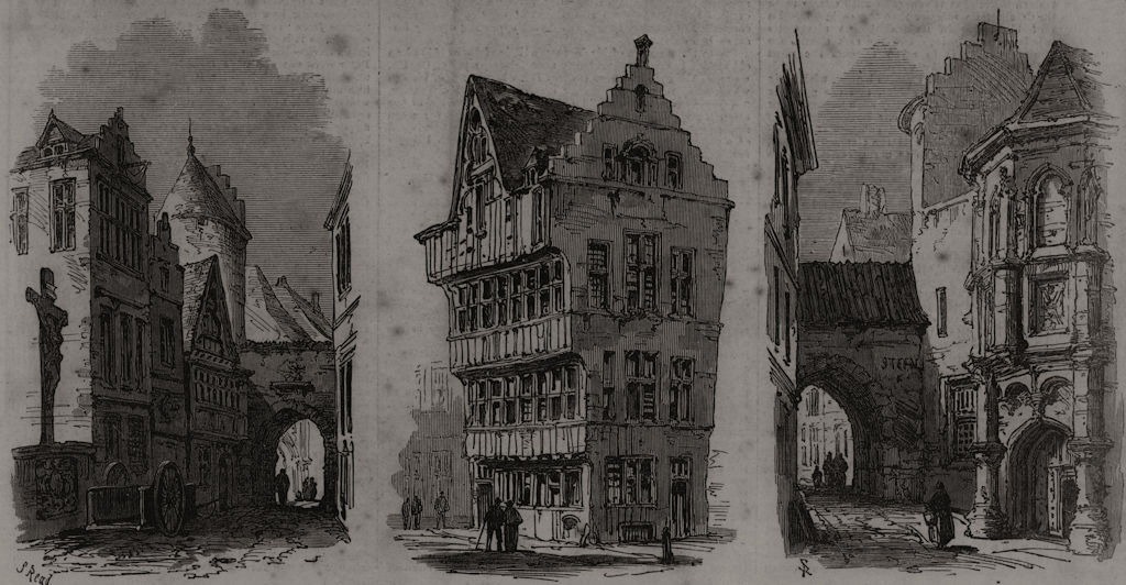 Street scene; block of old houses; old Prison. Antwerp 1872 antique print