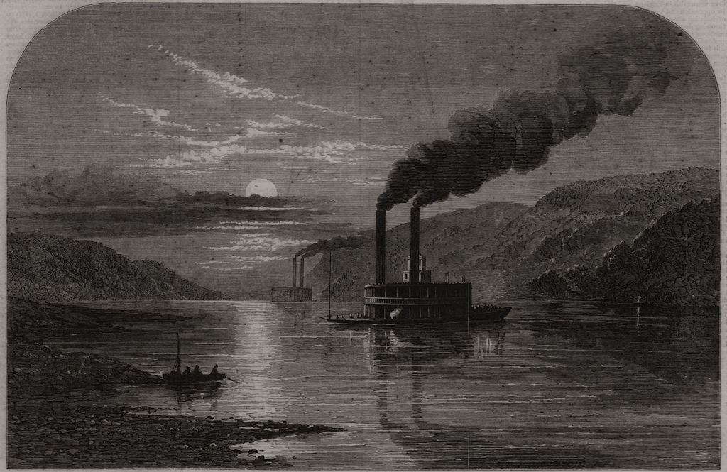 Moonlight scene on the Ohio River, North America 1861 old antique print