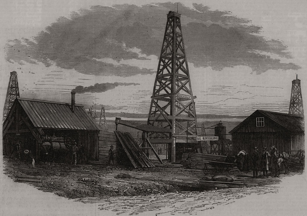 Associate Product The land of oil: exterior of an oil-working. Pennsylvania, antique print, 1875