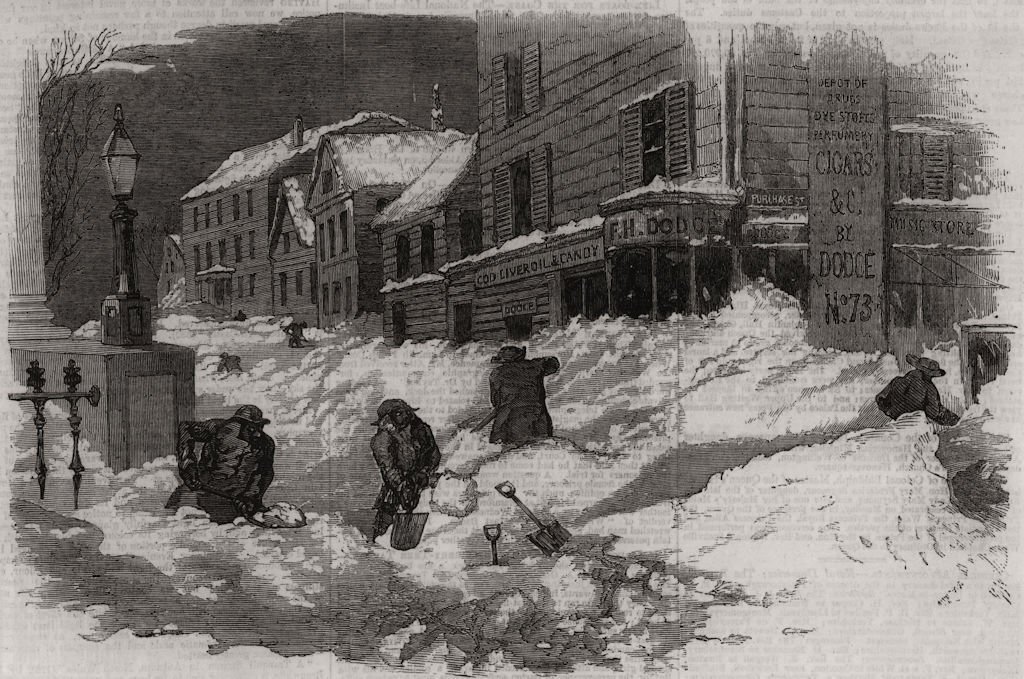 Associate Product The recent deep snow in Massachusetts: street in New Bedford, old print, 1857