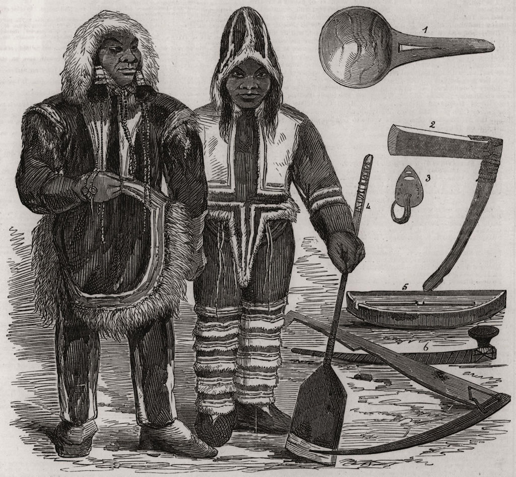 Associate Product Esquimaux dress, Victoria Isand. Arctic tools, Barrow's collection 1855 print