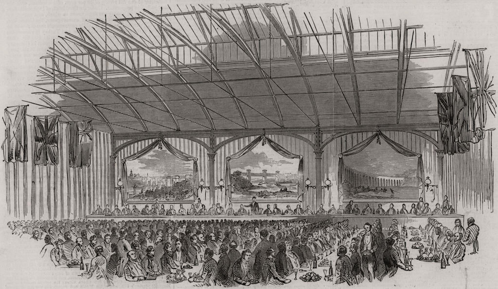 Public dinner to Robert Stephenson MP, at Newcastle-upon-Tyne, old print, 1850