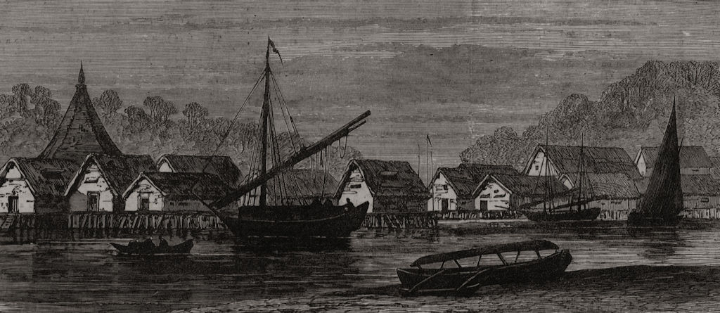 North Borneo: The town of Brunei. Brunei Darussalam, antique print, 1881