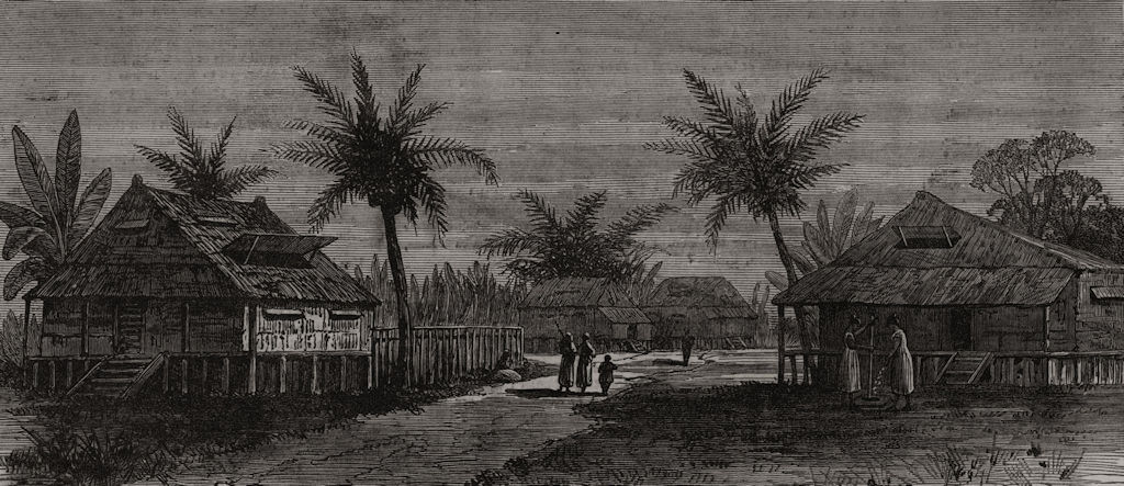 Associate Product A village in North Borneo, antique print, 1881
