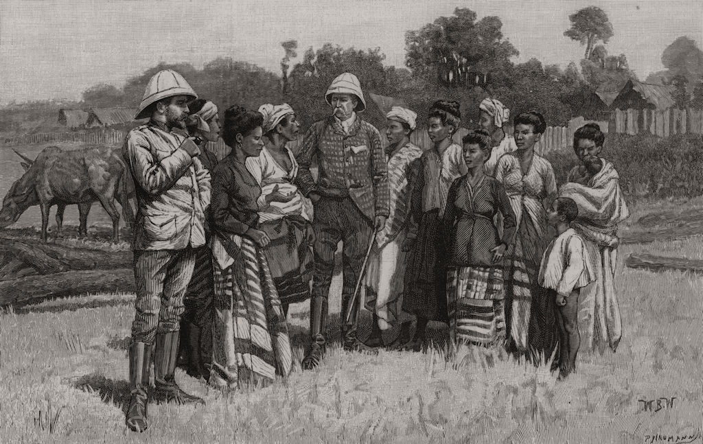 Associate Product Burmese sketches: a friendly chat with Yaw villagers. Burma, antique print, 1889