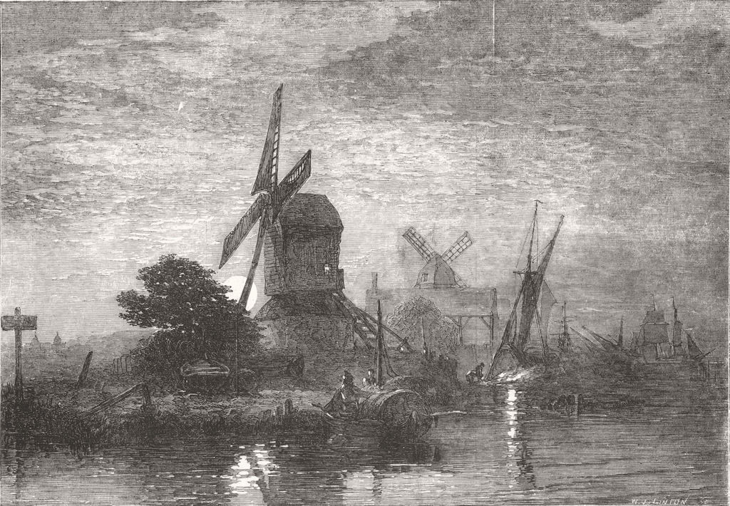 WINDMILLS. Moonrise-painted by E Duncan 1853 old antique vintage print picture