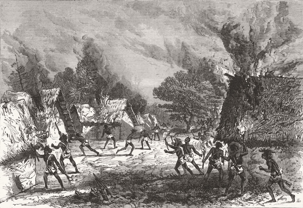 Associate Product GHANA. Lord Gifford's scouts burning a village. Ashanti Wars 1874 old print