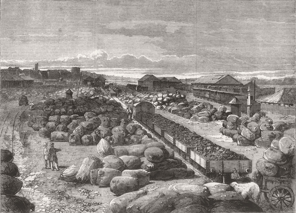 INDIA. Cotton Bales for export, Mumbai Station 1862 old antique print picture