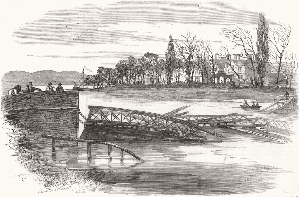 NOTTS. Kelham Bridge, Newark, destroyed by Ice 1855 old antique print picture