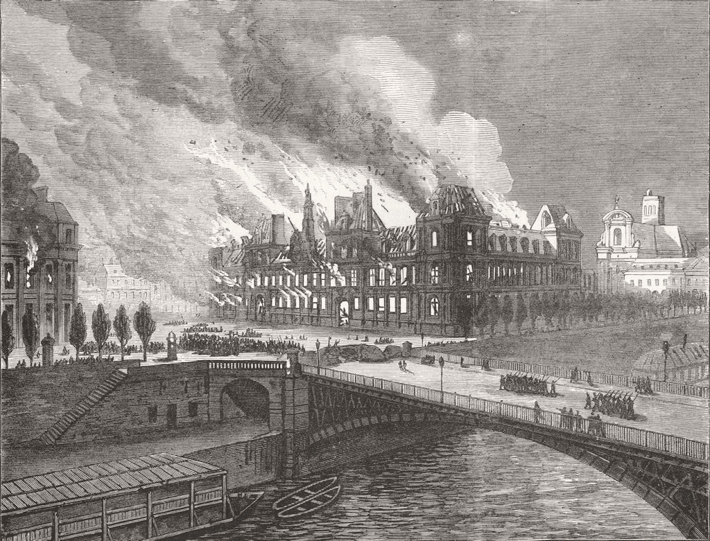 FRANCE. Burning of Hotel De Ville, Paris 1871 old antique print picture