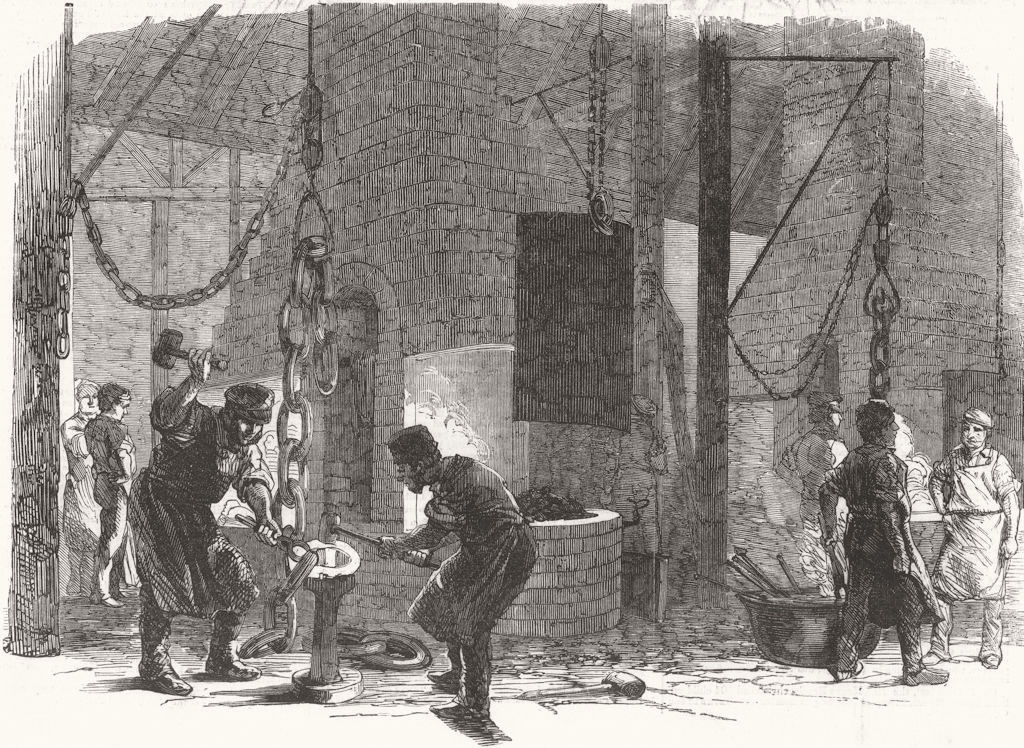 MANUFACTURING. Chain-Cable Forging-Side-Welding 1855 old antique print picture