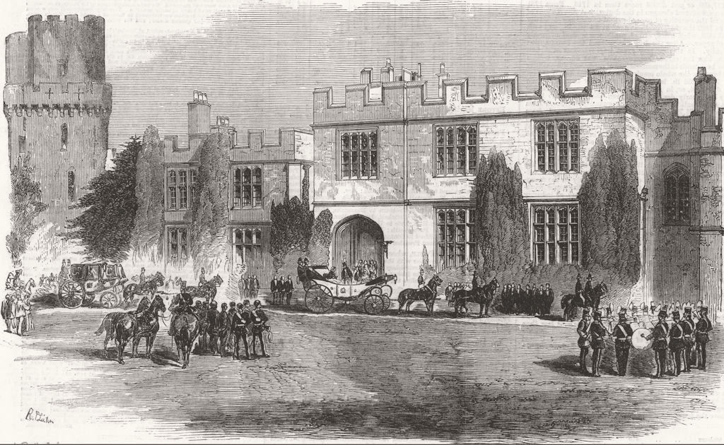 WARCS. Queen, Birmingham-leaving Warwick Castle 1858 old antique print picture