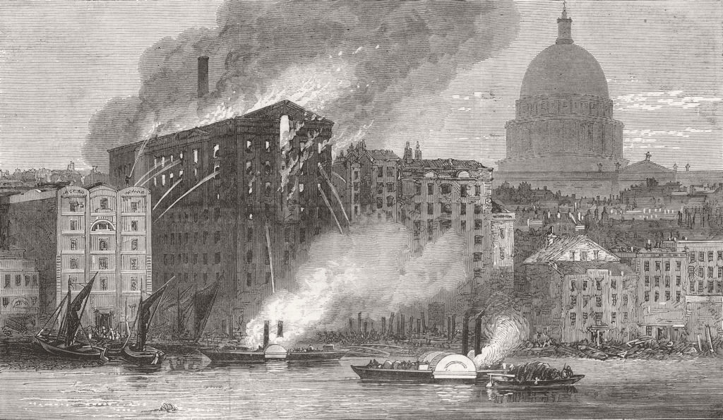LONDON. fire at city Flour Mills, Upper Thames St 1872 old antique print