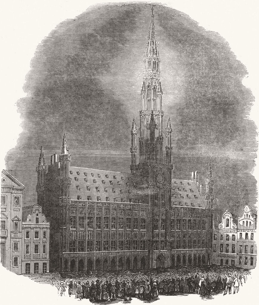 BELGIUM. The Hotel De Ville, Brussels, Illuminated 1853 old antique print
