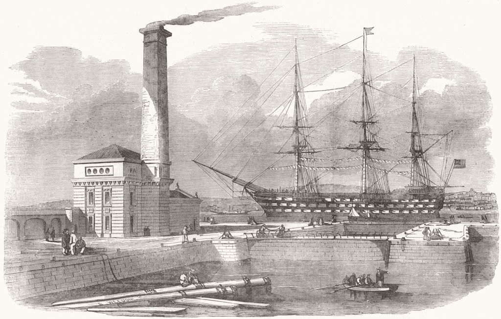 DEVON. Entry dock and pump-house, Keyham Steam-Yard 1853 old antique print