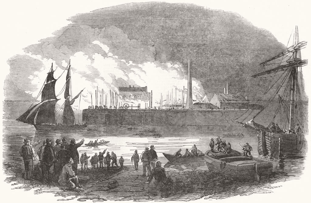 LONDON. Burning down of a dockyard, at Milwall 1853 old antique print picture