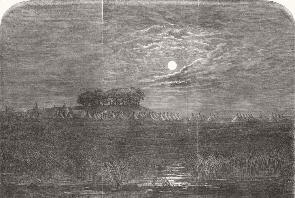 SURREY. The Camp at Chobham, by moonlight 1853 old antique print picture