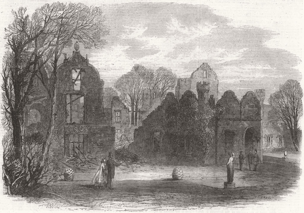 GLOS. Campden House Fire. garden & theatre remains 1862 old antique print