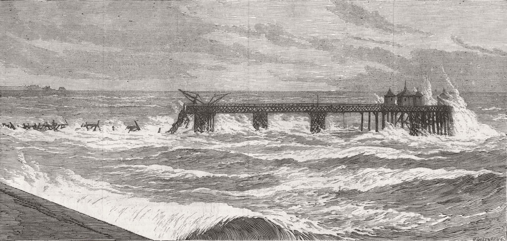 Partial destruction of Eastbourne Pier, Sussex 1877 old antique print picture
