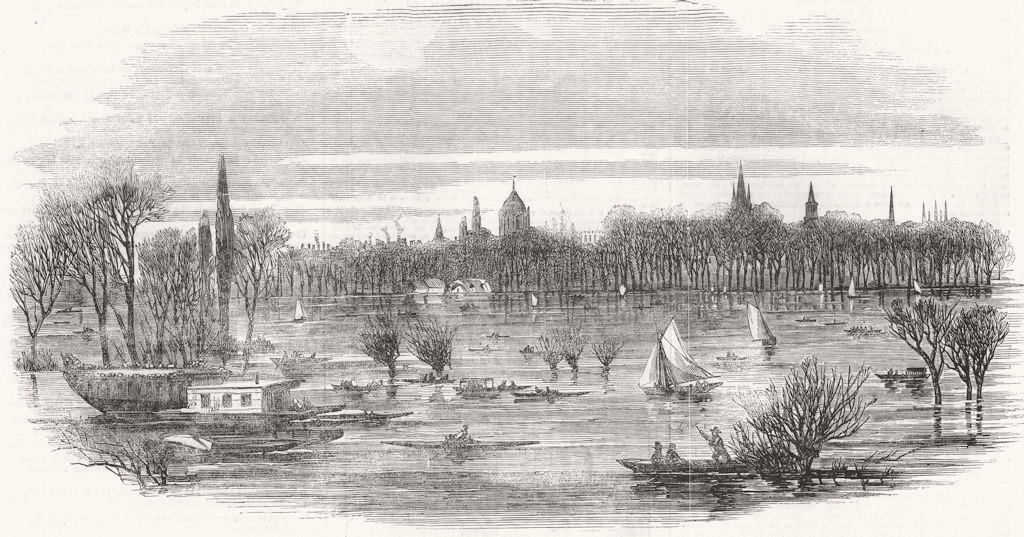 OXON. flood of Christchurch Meadows, Oxford 1852 old antique print picture