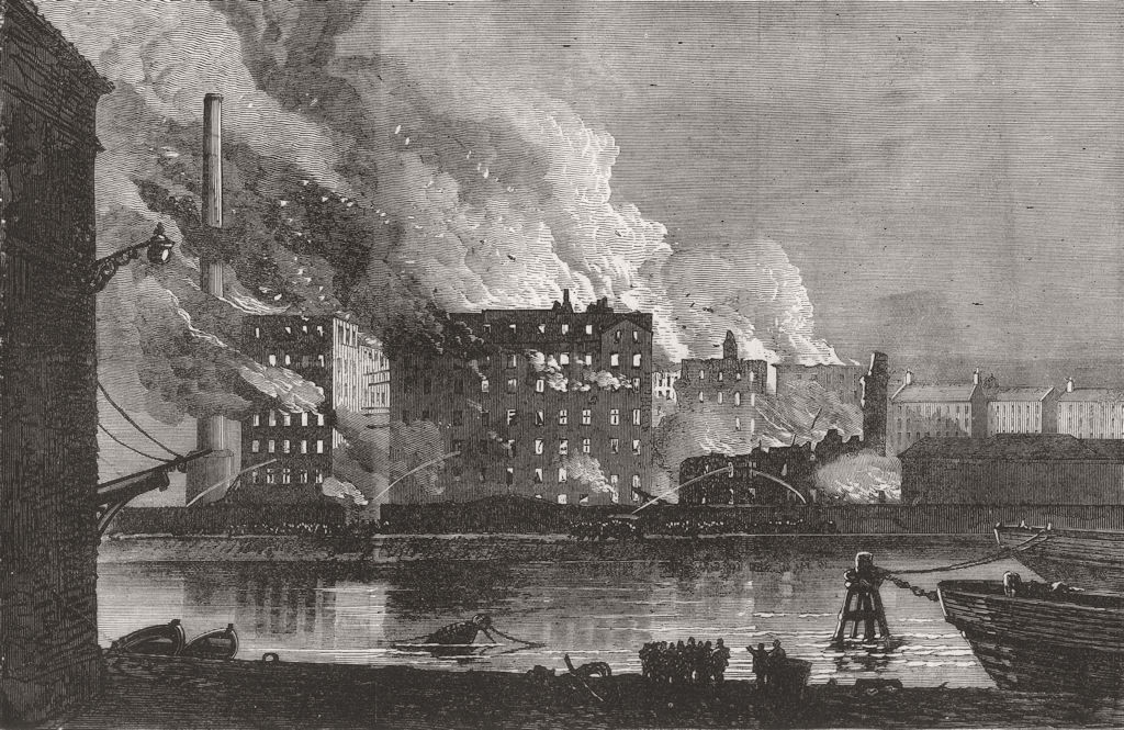 SCOTLAND. Burning of & Tods Flour Mills, Leith 1874 old antique print picture