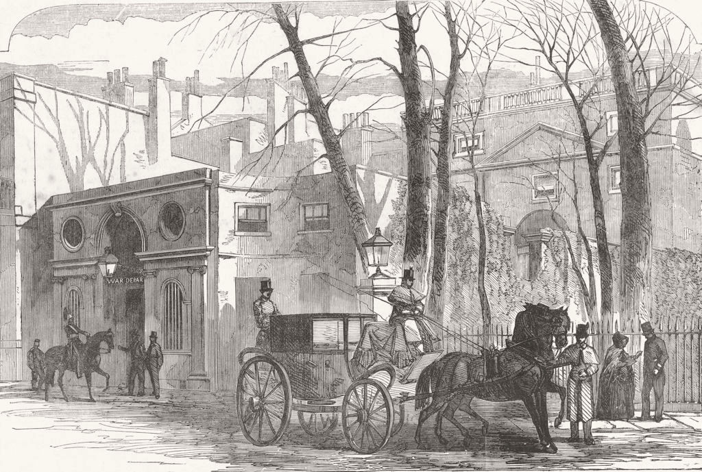 LONDON. Pembroke House, Whitehall Gdns, War office 1854 old antique print
