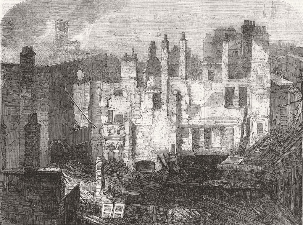 LONDON. Remains of Whittington Club, after fire 1854 old antique print picture