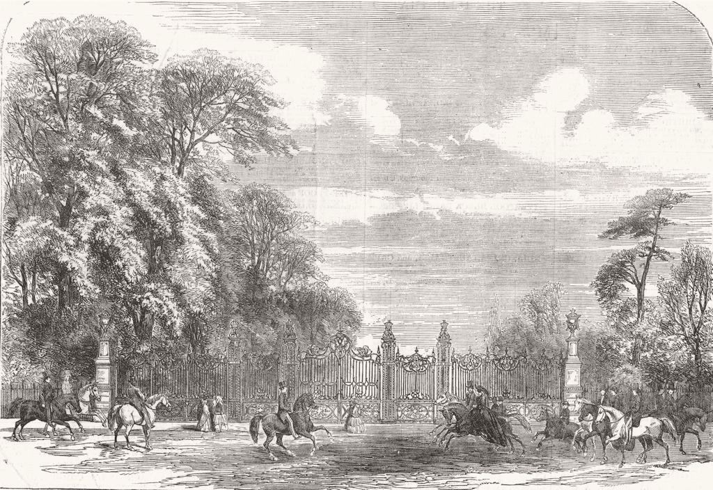 LONDON. Hyde Park-Coalbrookdale Gates, Rotten Row 1854 old antique print