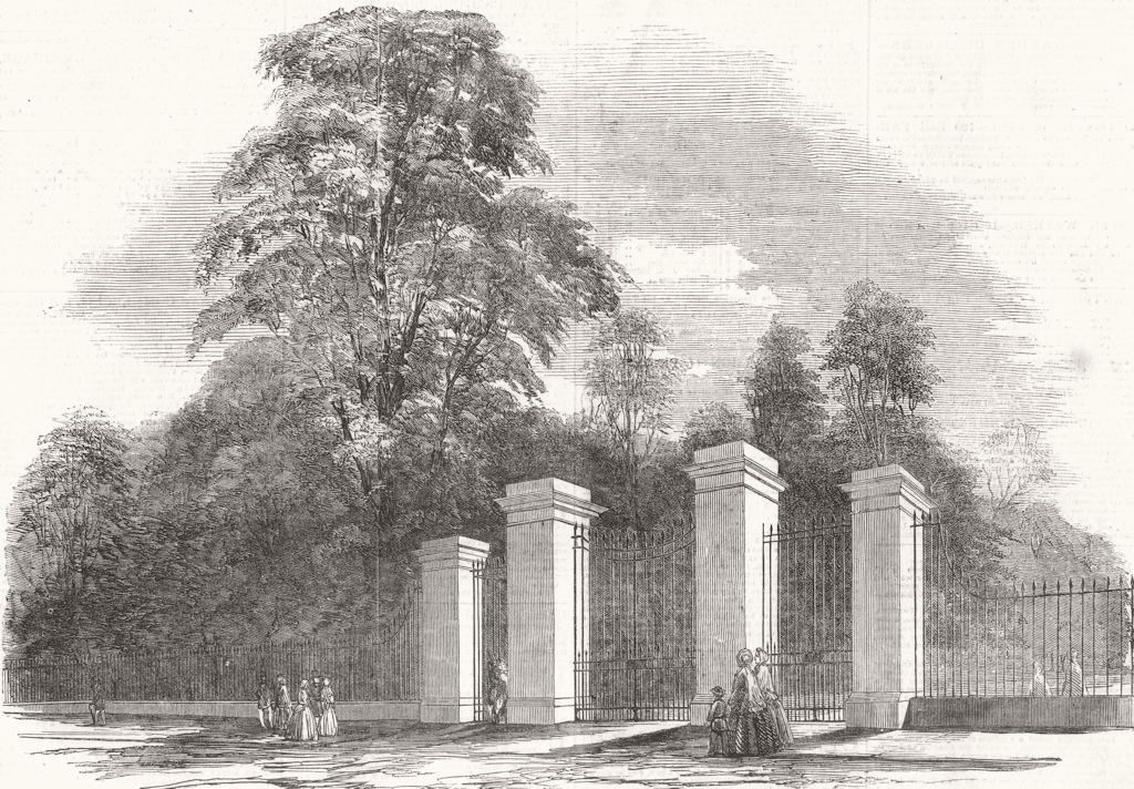 LONDON. Kensington Gdns-new gates, Bayswater Rd 1854 old antique print picture
