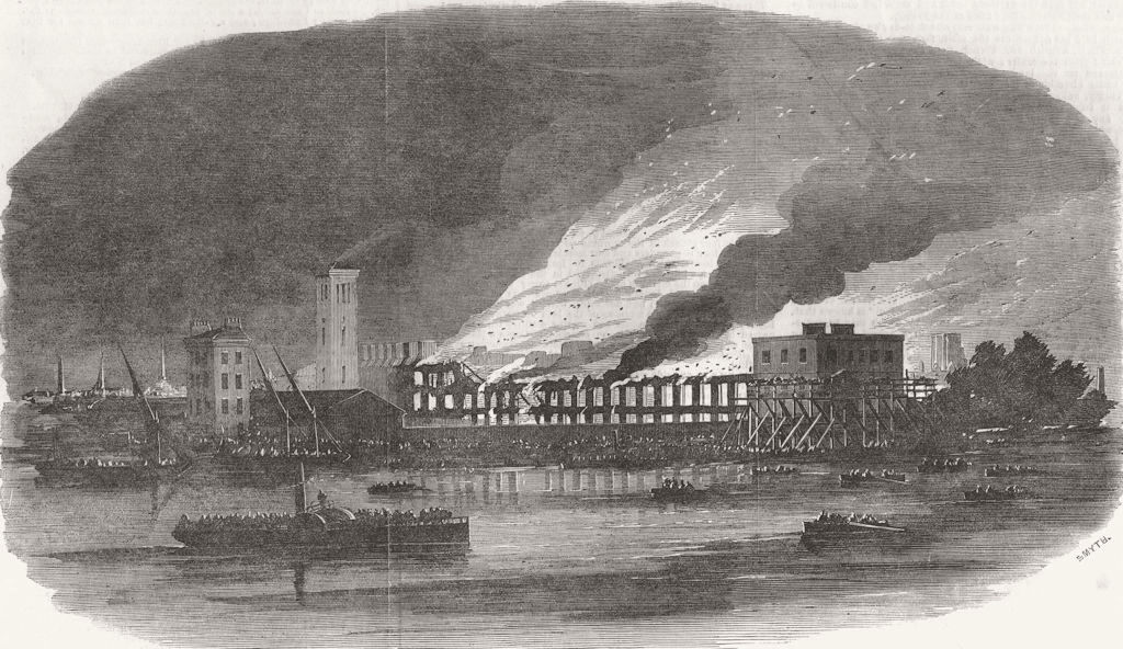 LONDON. Fire at Cubitts building works, Thames Bank 1854 old antique print