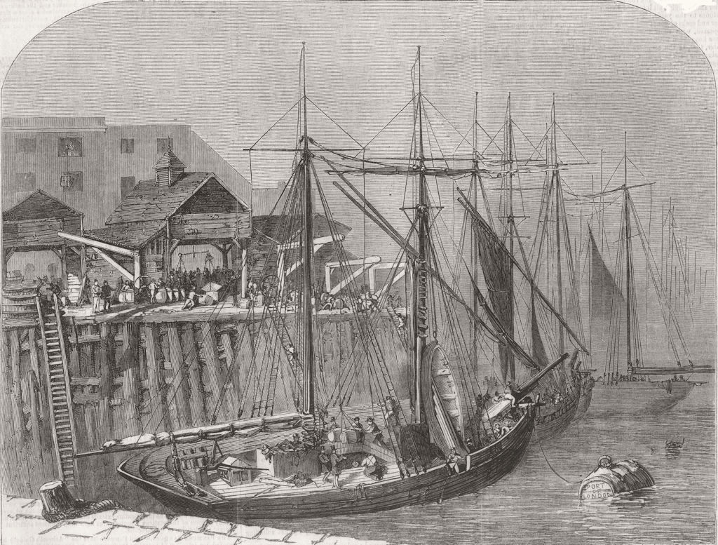 Associate Product LONDON. Landing goods, Fresh Wharf, London Bridge 1856 old antique print