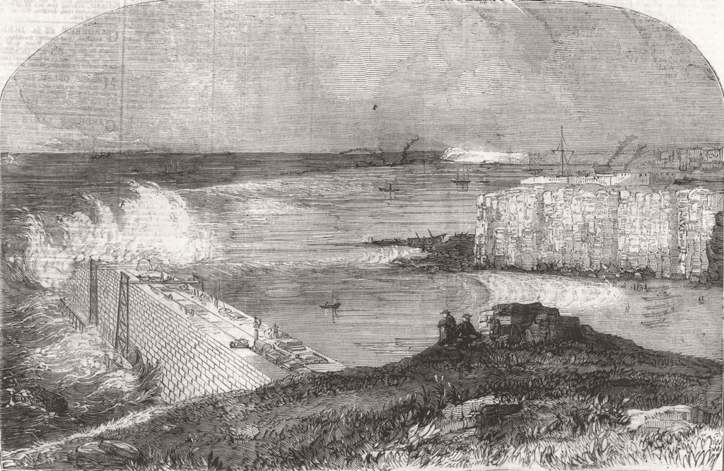 NORTHUMBS. Breakwater being built, River Tyne 1859 old antique print picture