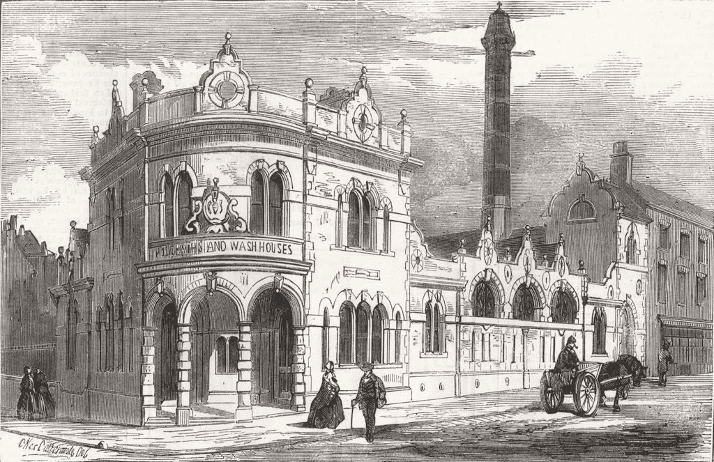 NORTHUMBS. New baths & washhouse, Newcastle-on-Tyne 1859 old antique print