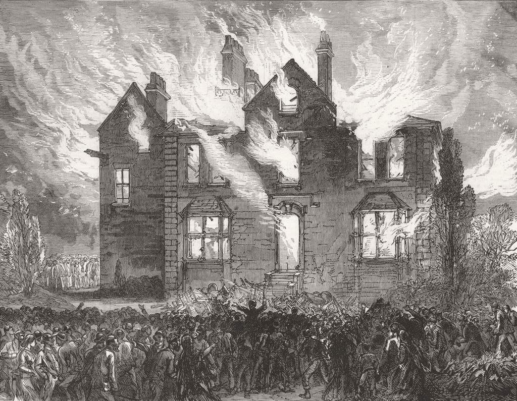 LANCS. Col Raynsford Jacksons House, Blackburn, burnt 1878 old antique print