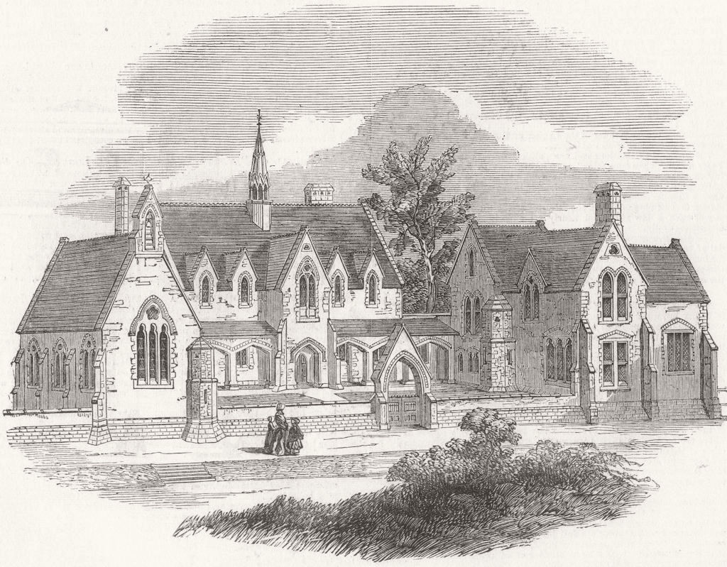 BERKS. Alfred Free Grammar-School, Wantage, Berks 1850 old antique print