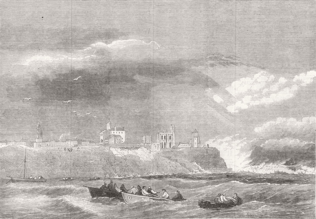 NORTHUMBS. Breakers over cliff at Tynemouth, winds 1861 old antique print
