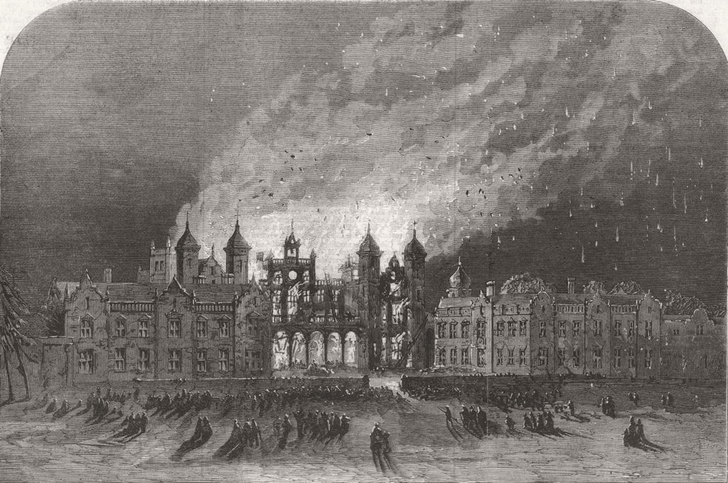 Associate Product CHESHIRE. The Burning of Capesthorne Hall, Cheshire 1861 old antique print