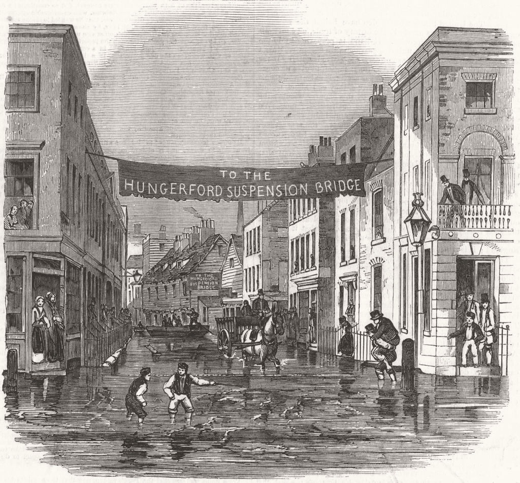 LONDON. Thames flooding-Vine St, York Rd, Lambeth 1850 old antique print