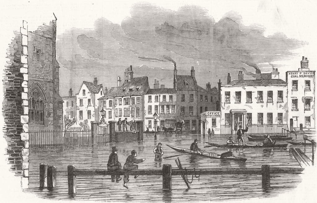 LONDON. Overflow of Thames, -Lambeth-Stairs 1850 old antique print picture