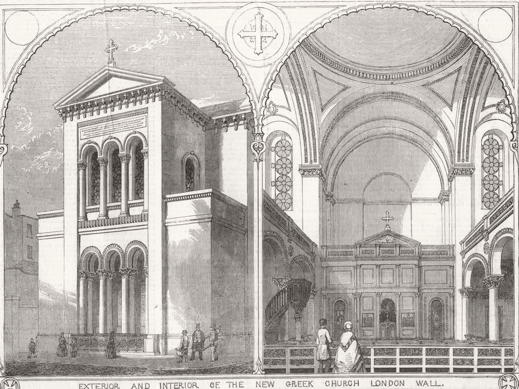 LONDON. Greek Church, London Wall 1850 old antique vintage print picture