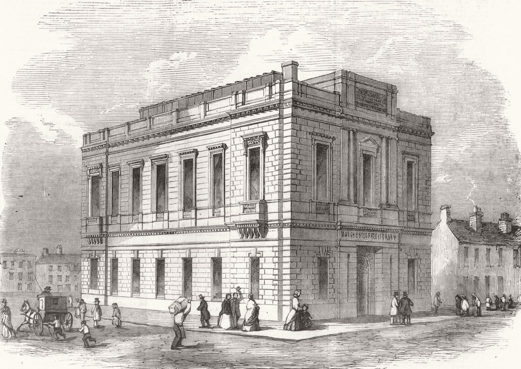 LANCS. Exterior of the Manchester Free Library 1851 old antique print picture