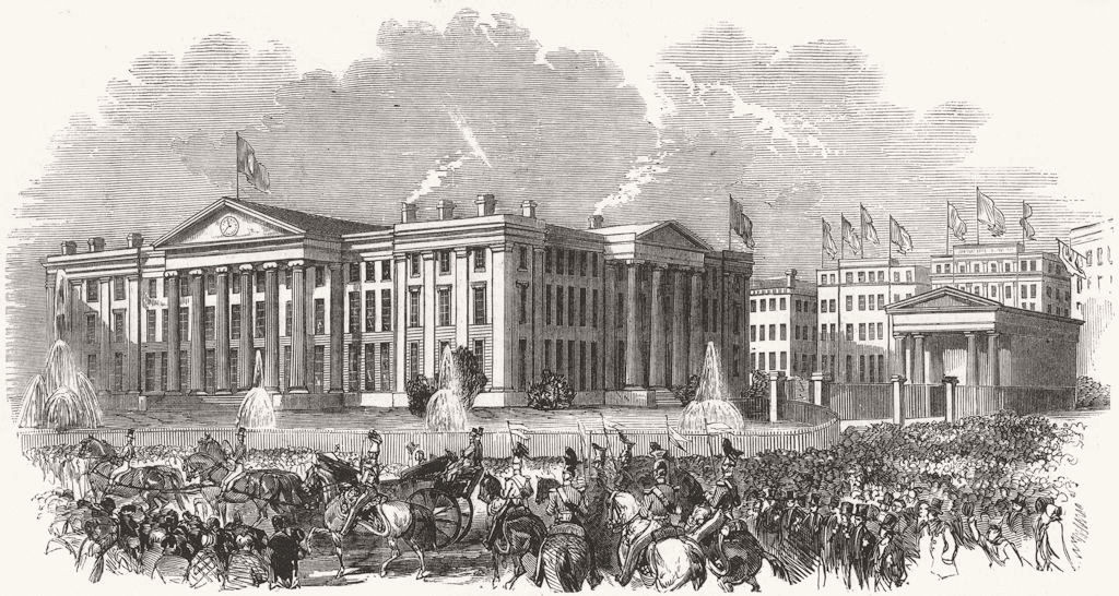 Associate Product LANCS. Royal parade passing hospital, Manchester 1851 old antique print