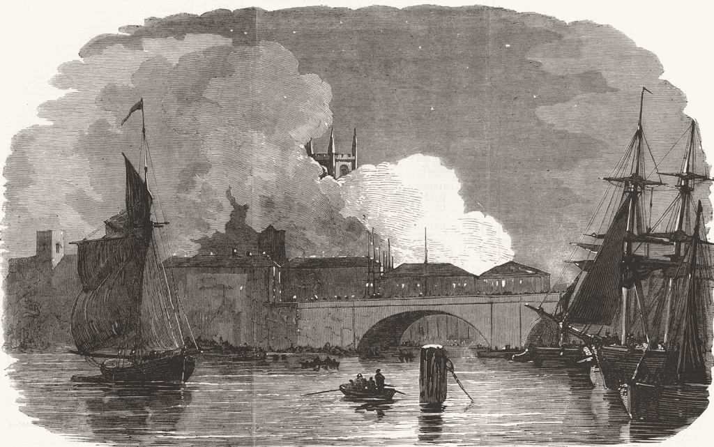 LONDON. recent fire at Montague-Close, London Bridge 1851 old antique print