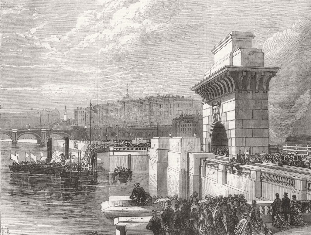 Associate Product LONDON. Thames Embankment. Boarding at Temple 1868 old antique print picture