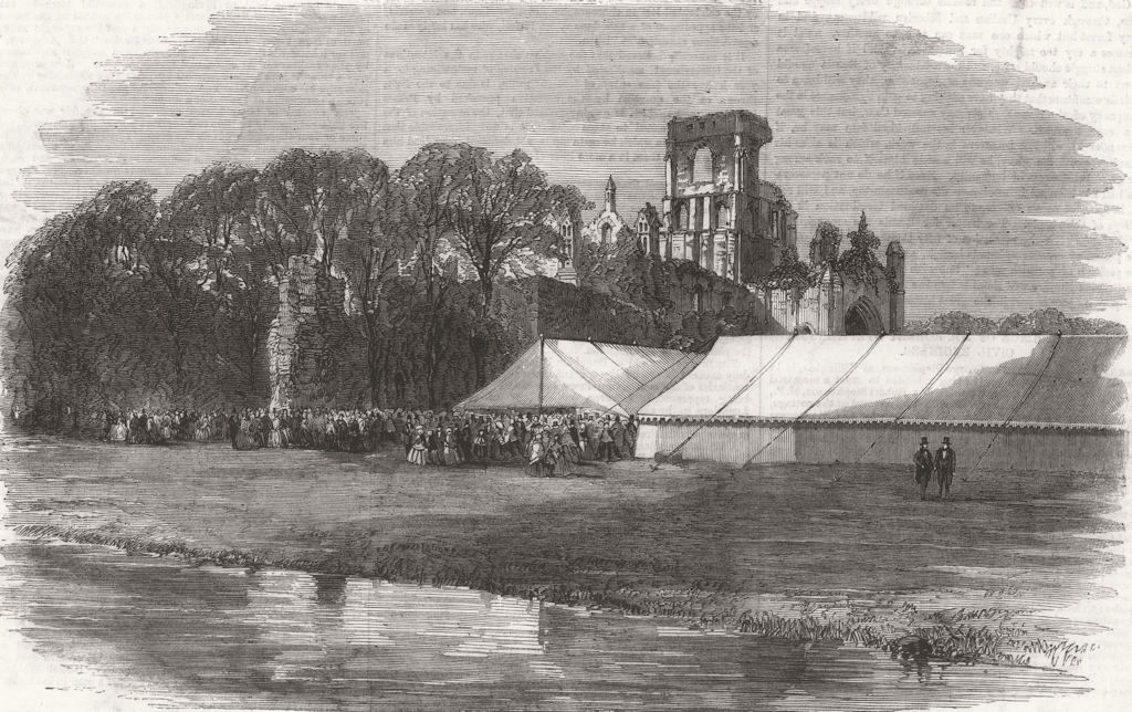 Associate Product YORKS. Horticultural Fete, Kirkstall Abbey, Leeds 1858 old antique print